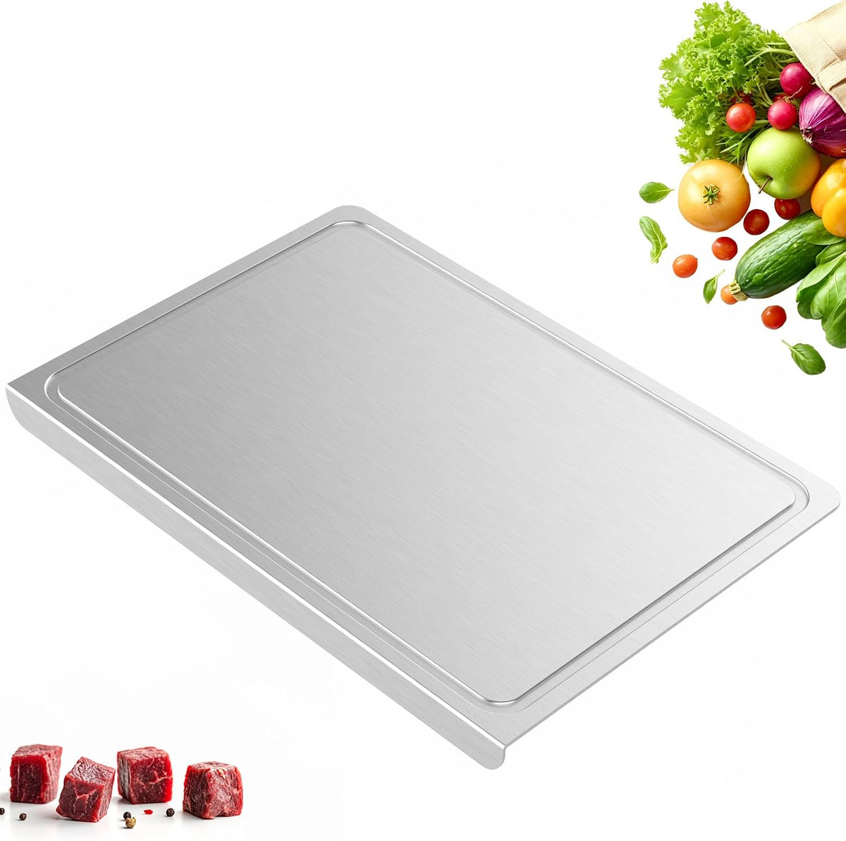 SWSKR Stainless Steel Cutting Board with Lip & Juice Groove,15.8" x 11.8"