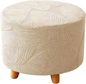 Round Ottoman Cover Stretch Round Ottoman Storage Slipcover Leaves Jacquard Folding Footrest Stool Furniture Protector Cover with Elastic Bottom for Living Room Set of 1 Beige