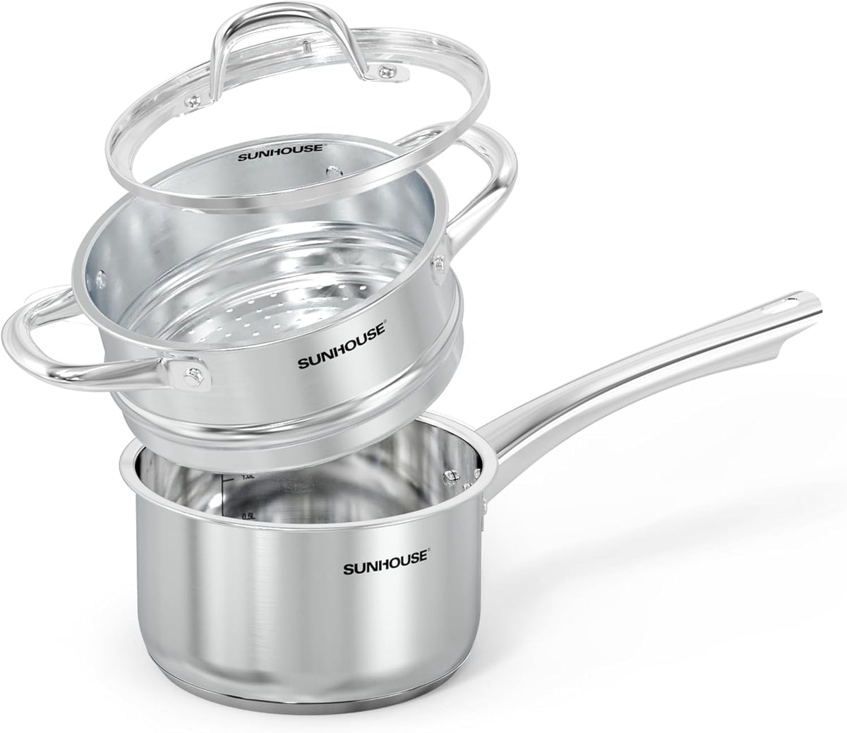 SUNHOUSE 2 QT Stainless Steel Saucepan with Lid and Steamer Basket Insert