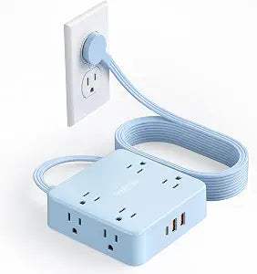 5 FT Blue Extension Cord, Power Strip with 8 Outlets 3 USB Ports, 3 Prong, Wall Mount Flat Plug Outlet Extender for Home Office, WideCube
