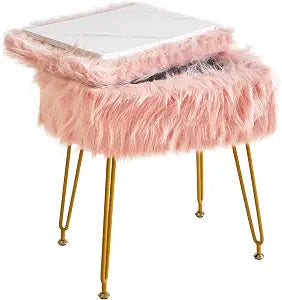 IBUYKE Rectangular Faux Fur Vanity Stool with Storage, Pink WBD022P