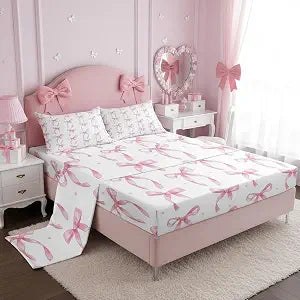Erosebridal Girls Pink Bow Full Bed Sheets,Bowknot Princess Bedding Set for Kids Girls Room Decor,Cute Pink Bows Fitted Flat Sheet Aesthetic Ribbon Bow Tie Bed Sets,2 Pillowcases