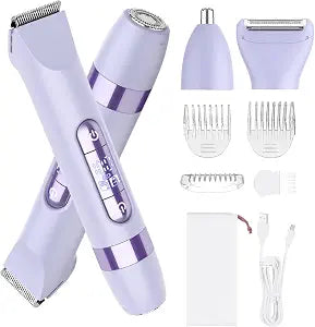 Hatteker 4-in-1 Women's Electric Razor, Dual-Head Body Hair Trimmer for Women, IPX7 Waterproof Rechargeable Bikini Trimmer & Facial Hair Remover for Legs, Armpits, Face, Nose, Eyebrows, Purple
