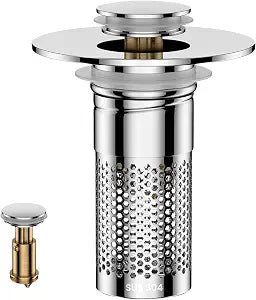 Bathroom Sink Drain Strainer, Universal Pop-up Sink Stopper with Removable Hair Catcher & Stainless Steel Filter Basket, Anti-Clog Drain Protector Fits Most US Standard Bathroom Sinks