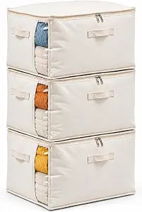 3 Pack Canvas Comforter Storage Bags for Clothes & King Comforters, Natural