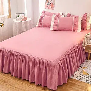 lygooh Queen Bed Sheet Set 3 Piece Ruffled Bed Skirt Sheet Set with 2 Pillowcases Up to Around 15" Deep Pocket Sheets Lightweight Pleated Bed Sheets for Double Single Bedding