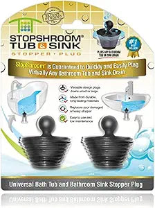 StopShroom Tub 2 Pack Universal Stopper for Bathtub and Bathroom Sink Drains, Black Plug 2pk, 2 Count