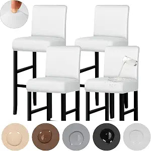 Lebaley Waterproof PU Leather Bar Stool Covers Set of 4  Stretch Counter Height Bar Stool Slipcovers with Back, Easy Clean Faux Leather Chair Covers for Kitchen Island, Home Bar & Pub (White)