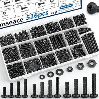 smseace 516Pcs Black Nuts and Bolts Assortment Kit 21-Sizes M3/M4/M5/M6 Nut Bolt Washer Assortment Kit for Machinery, Furniture, Automotive, Motorcycle Repairs