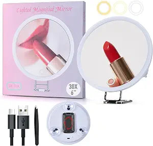 6 30X Strong Magnifying Mirror for Close up Detailed Make-up for The Elderly,Led Magnified Mirror with Lights,High Magnification Round Makeup Mirror with Lights Scissors Sets, White