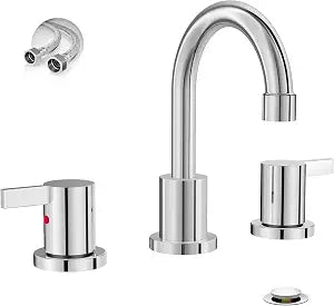 Phiestina 8 Inch 3 Hole Widespread Chrome Bathroom Faucet 2 Handle Bathroom Vanity Faucet with Metal Pop Up Drain & Water Supply line,BF03042-K01-C