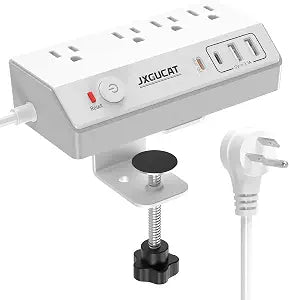 Desk Clamp Power Strip 10FT with PD 20W Fast Charging USB C, JXGUCAT Desk Mount Power Strip Surge Protector, Removable Extension Cord with 4 Outlets 4 USB Ports, Fit 1.8" Tabletop Edge, White