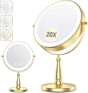 Vanity Mirror with Lights, 9'' Lighted Makeup Mirror, 1X/20X Double Sided Magnifying Mirror, 5000mAh Rechargeable, 3 Color Dimmable LED, 360 Rotation Desk Mirror for Makeup & Skincare, Gold