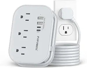 Flat Plug Power Strip- USB Travel Power Strip, 3 Outlets and 4 USB Ports(2 USBC) Desktop Charging Station, 5 Ft Wrapped Extension Cord, Non-Surge Protector for Cruise Essentials, Travel, Home, Dorm.