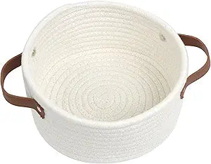 Small Woven Basket, Mini Cotton Rope Storage Basket with Leather Handle