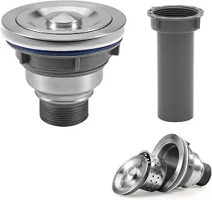 QuiLanTu 3 1/2" Kitchen Sink Drain Kit Replacement Sink Drain Assembly Removable 304 Stainless Steel Deepen Sink Strainer Basket with Sealing Cover for Kitchen Laundry RV(Brushed +Tailpiece)