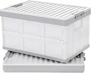 Collapsible Storage Bins with Lids 30L, Folding Plastic Stackable Utility Crates 2-Pack, Durable Containers for Home & Garage Organization - Oyster White