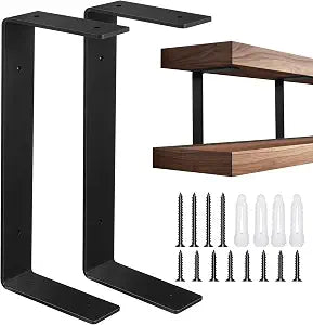 Shimeyao 2 Pack 5 Inch Heavy Duty Double Floating Shelf Brackets 1/5 Inch Thick U Shaped Shelf Bracket with Mounting Hardware Black Coated Metal Wall Industrial Modern Support