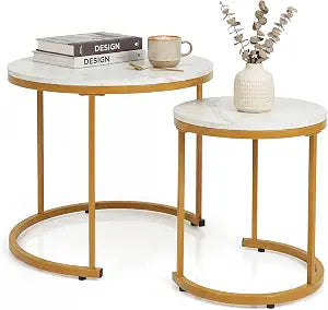 GOFLAME Nesting Coffee Tables Set of 2, Stacking Round Center Table with Wooden Tabletop & Powder Coated Steel Frame, Living Room Coffee End Table Set for Apartment, Bedroom (White & Gold)
