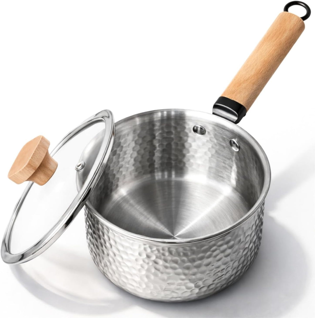 Tri-Ply Stainless Steel Saucepan with Lid, 1.8 Quart - Heavy-Gauge Hammered Exterior, Smooth Interior Milk Pot, Induction Ready Cookware for Ramen, Sauces, Noodles, Stay-Cool Wood Handle