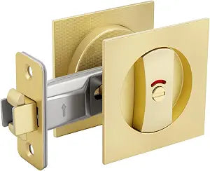 goldenwarm Brushed Gold Square Pocket Door Lock with Indicator, Pocket Door Hardware for 2-1/8'' Round Bore Hole, Pocket Door Handles Fit 1-1/4'' to 2'' Thickness Sliding Door 2-3/8'' Latch 1 Pack