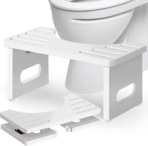 Foldable Toilet Stool, Bamboo Toilet Stool Squat Adults, 7 Inches Poop Stool for Bathroom, Collapsible Potty Step Stool with Non-Slip Strip, Space-Saving, No Assembly (White)