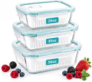 Glass Berry Container for Fridge, 3 Pack, 56oz 35oz 25oz, with Removable Colander and Vent Valve, Fresh Produce Storage Set
