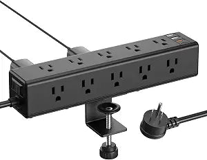 CCCEI Standing Desk Clamp Power Strip with 15 Outlets, Black Desktop Edge Mount Surge Protector Outlet, Fast Charging USB-A and 65W USB-C Ports, 6 FT Flat Plug, Black Fit 1.6 inch Table top.