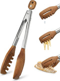 3-in-1 Kitchen Tongs & Pasta Server - 12 Inch Walnut Multifunction Tongs with Slotted Forked & Flat Tips for Pasta, Salad, Cooking and More - Elegant, Heat-Resistant Food Tongs for Home Cooks & Chefs