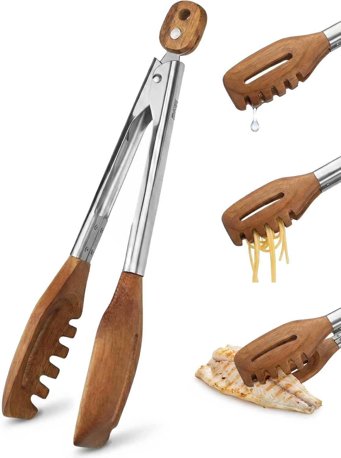 3-in-1 Kitchen Tongs & Pasta Server - 12 Inch Walnut Multifunction Tongs with Slotted Forked & Flat Tips for Pasta, Salad, Cooking and More - Elegant, Heat-Resistant Food Tongs for Home Cooks & Chefs