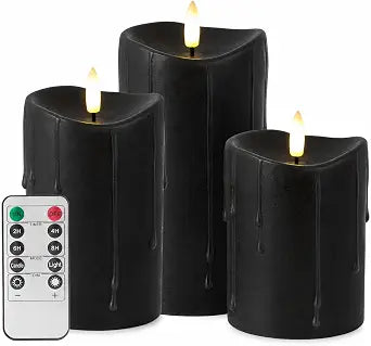 Halloween Decorations, Black Flameless Pillar Candles with Remote, Set of 3