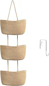 TeoKJ Over the Door Hanging Storage Basket Woven 3 Tier Wall Organizer Jute
