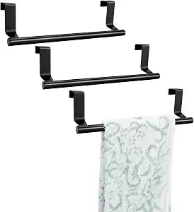 RETON 3 PCS Over Door Towel Rack, 9 Inch Stainless Steel Cabinet Towel Hanger Towel Bar Holders, Kitchen Towel Holder with Anti-Slip Pads, No Drilling (Black)