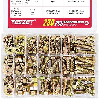 236PCS Grade 8 Heavy Duty Bolts and Nuts Washers Kit, 1/4-20 5/16-18 3/8-16 Hex Bolts Nuts Assortment Kit, Includes 13 Most Common Sizes