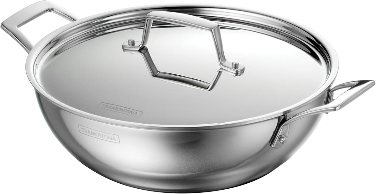 Tramontina Utsava 4-Quart Tri-Ply Clad Stainless Steel Kadai with Lid