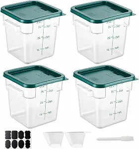 4 Pack 4QT Food Storage Containers with Green Lids - Square, Clear