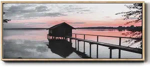 Renditions Gallery Abstract Nature Wall Art Pink Sunset Sky Over the Lakeside Boathouse Floater Frame Paintings & Prints for Dining Living Room Kitchen Walls - 8"x20" Natural Frame LT614