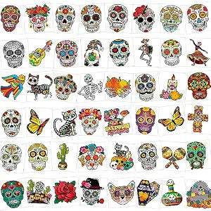 HOWAF 96pcs Day of the Dead Face Tattoos, Dia De Los Muertos Costume Skuall Temporary Tattoos, Day of the Dead Floral Skull Tattoos Stickers for Halloween Mexican Fiesta Party Decoration