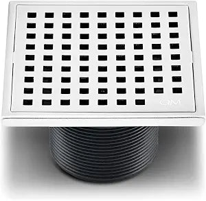 QM Square Shower Drain, Removable Grate Made of Stainless Steel Marine 316 and Base Made of ABS, Lagos Series Mira Line, 4 inch, Polished Finish, Kit Includes Hair Trap/Strainer and Key