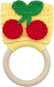 Handmade Crochet Towel Holder with Natural Wooden Ring, Cherry Detail, Multi-Purpose Kitchen and Bathroom Organizer