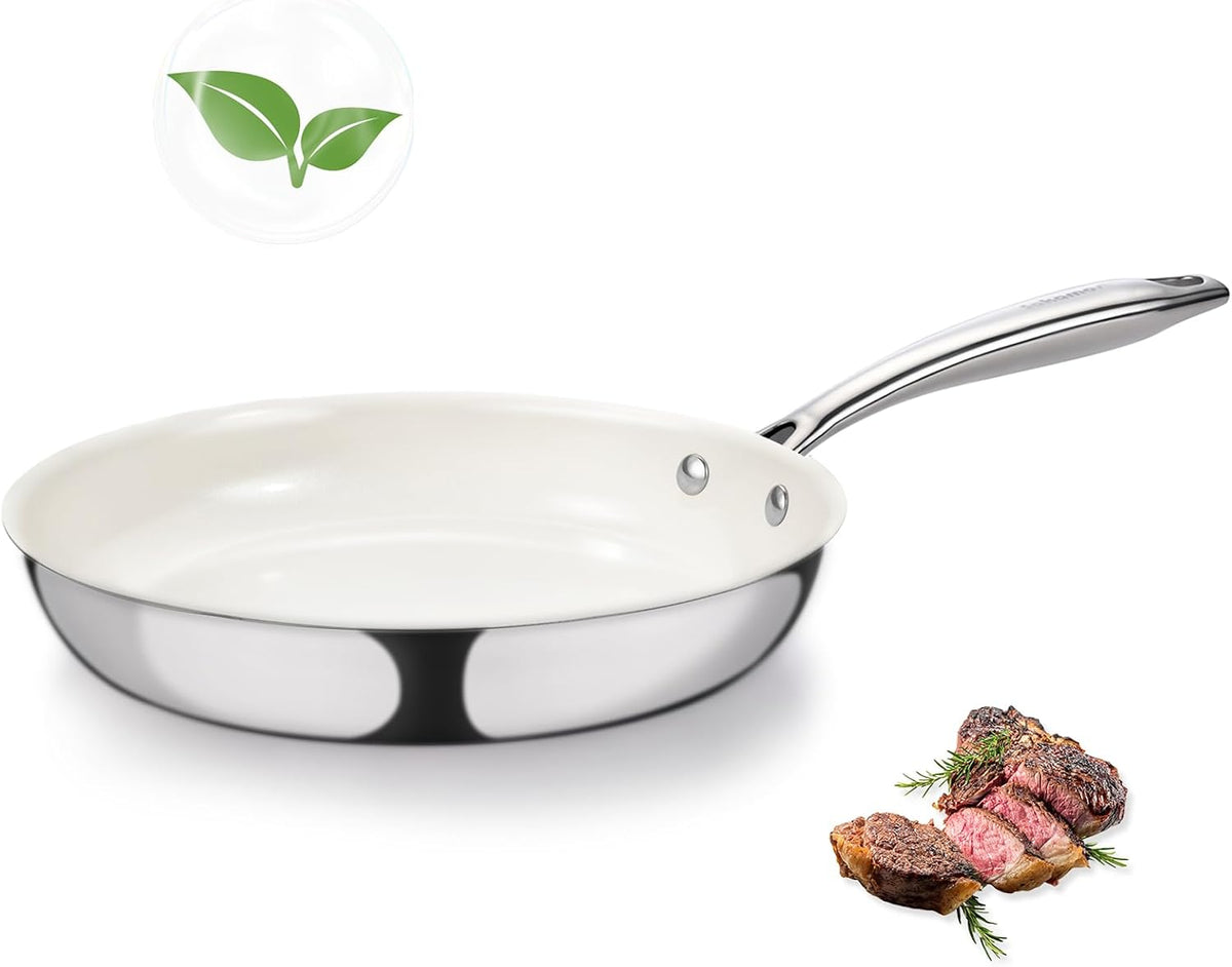 SAKAMOSH 8" Nonstick Ceramic Frying Pan, Tri-Ply Stainless Steel, White