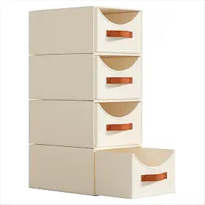 Homsorout Stackable Storage Drawers - Collapsible Storage Bins with Drawers, 4 Pack Closet Shelf Organizer Basket, Fabric Pull Out Organizer for Bedroom, Living Room, Dorm, Beige