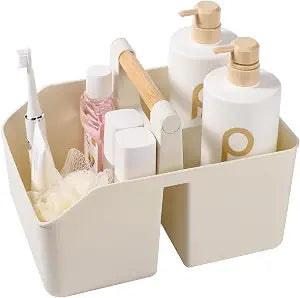 rejomiik Plastic Shower Caddy, Portable Basket with Bamboo Handle, Cream