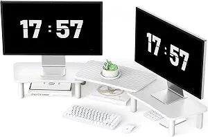 Dual Monitor Stand For Desk,Adjustable Height Long Wood Computer Riser
