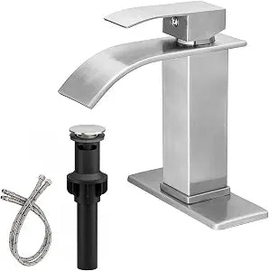 BWE Bathroom Faucet Modern Brushed Nickel Waterfall Single Hole Faucet for Bathroom Sink Single Handle with Pop Up Drain with Overflow Assembly and Supply Line Lavatory Bath Faucet