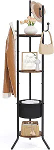 Hoctieon Coat Rack Freestanding, Round Coat Rack with 3 Wooden Shelves and 1 Fabric Basket, Metal Clothes Tree with 5 Hooks, Coat Hanger Stand for Clothes, Hats, Bags, Brown and Black