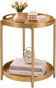 danpinera Gold Side Table, Serving Tray with Handles, Small Metal Table
