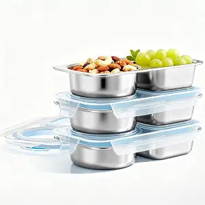 Bakpoco 3 Packs Stainless Steel Snack Containers For Kids Adults, 2 Compartment Reusable Metal Snack Boxes With Leak-Proof Lids, Compact Lunch Food Storage Container