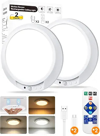 8000mAh Rechargeable Ceiling Light with Remote, Motion Sensor or Constant-On, 7.55-Inch Magnetic Battery Operated Lamp, Dimmable 3 Color Temperatures, for Closet and Shower, 2 Pack