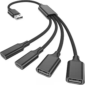 USB Splitter Cable 1 in 4 Out, 2 USB A & 2 USB C Multiport Extender Hub 1FT